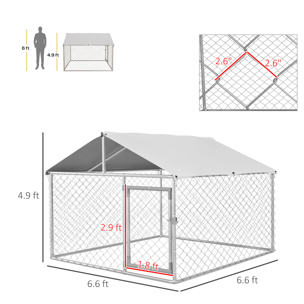 6.6' x 6.6' x 4.9' Dog Kennel Outdoor for Small Medium Dogs with Waterproof Roof, Silver