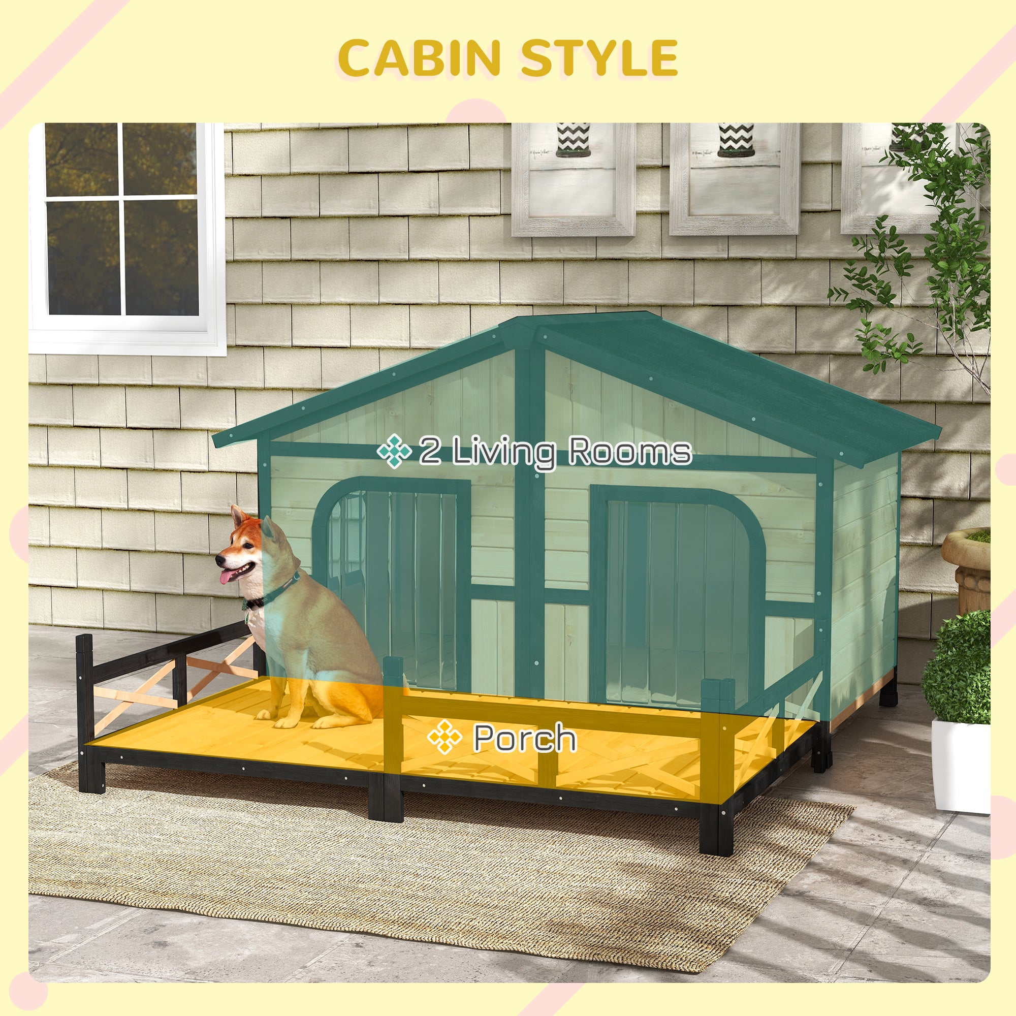 59x64x39 Large Wooden Dog House Raised Weatherproof Rustic Log Cabin Style Elevated Pet Shelter Porch Deck, Natural