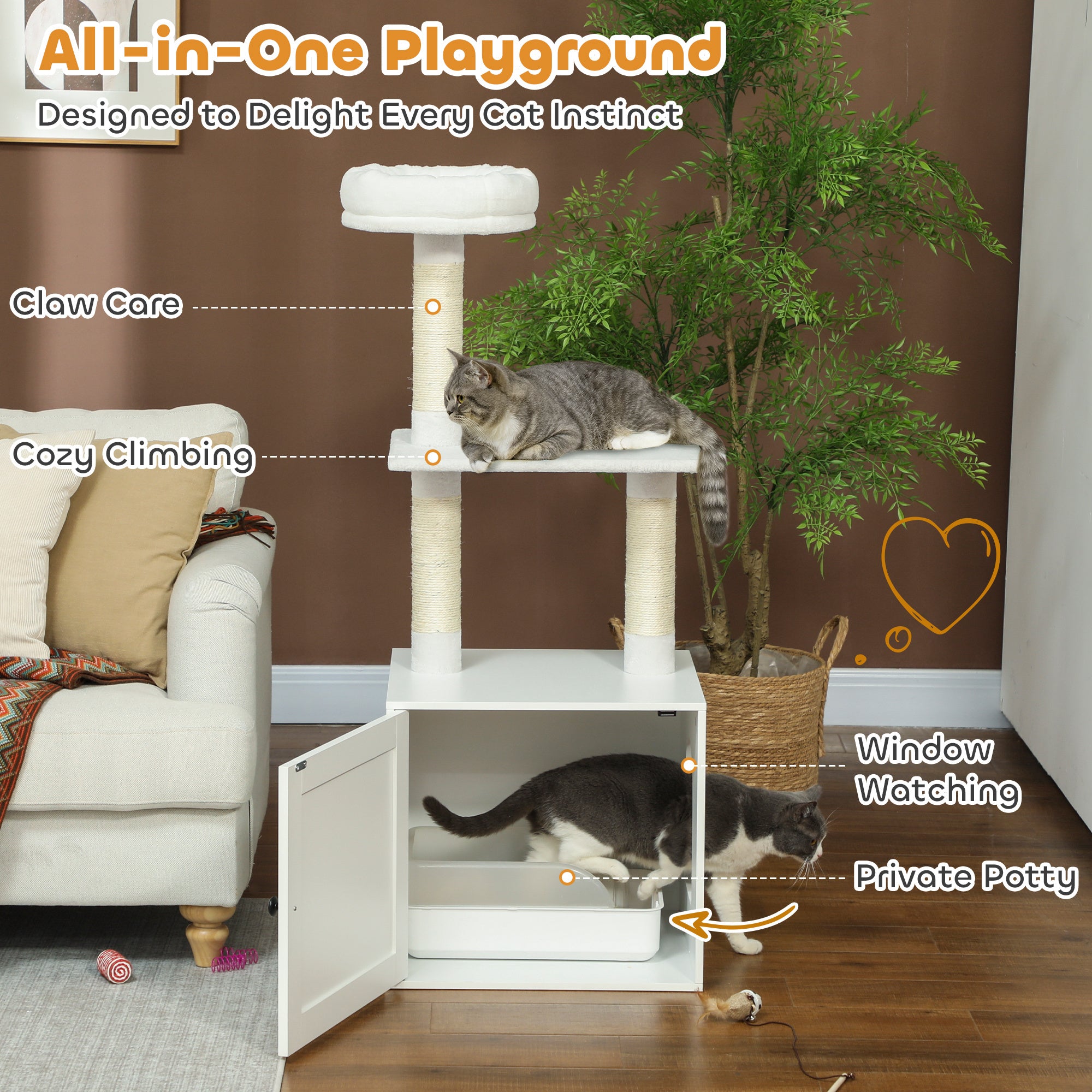 Cat Litter Box Enclosure With Barn Door, Cat Hole, 31.5 X 21 X 20, White