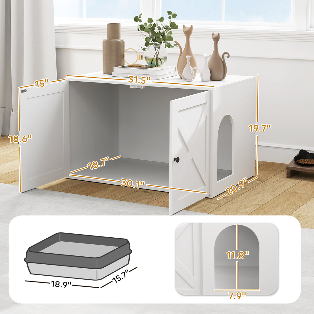 Cat Litter Box Enclosure With Barn Door, Cat Hole, 31.5 X 21 X 20, White