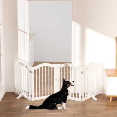 27.6 Height Tall Freestanding Pet Gate, 4 Panels Foldable Dog Gate, Solid Wood Folding Safety Fence Wooden Dog Gate With 2 Pcs Support Feet Ideal For Stairs, Doorways, Halls, Kitchens, Heavy Duty Gat