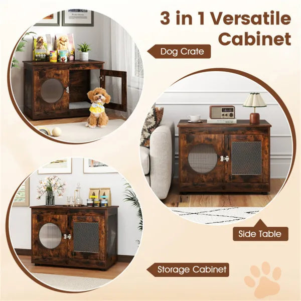 2-in-1 Dog Crate End Table - Rustic Brown, 88lbs Capacity, Farmhouse Style, 32.5"x18.5"x23.5"