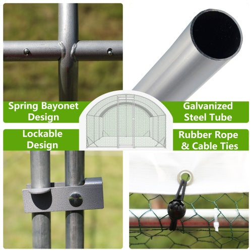Large Chicken Coop Metal Chicken Run With Waterproof And Anti-UV Cover, Dome Shaped Walk-in Fence Cage Hen House For Outdoor And Yard Farm Use, 1 Tube Diameter, 9.84 X 19.68 X 6.56