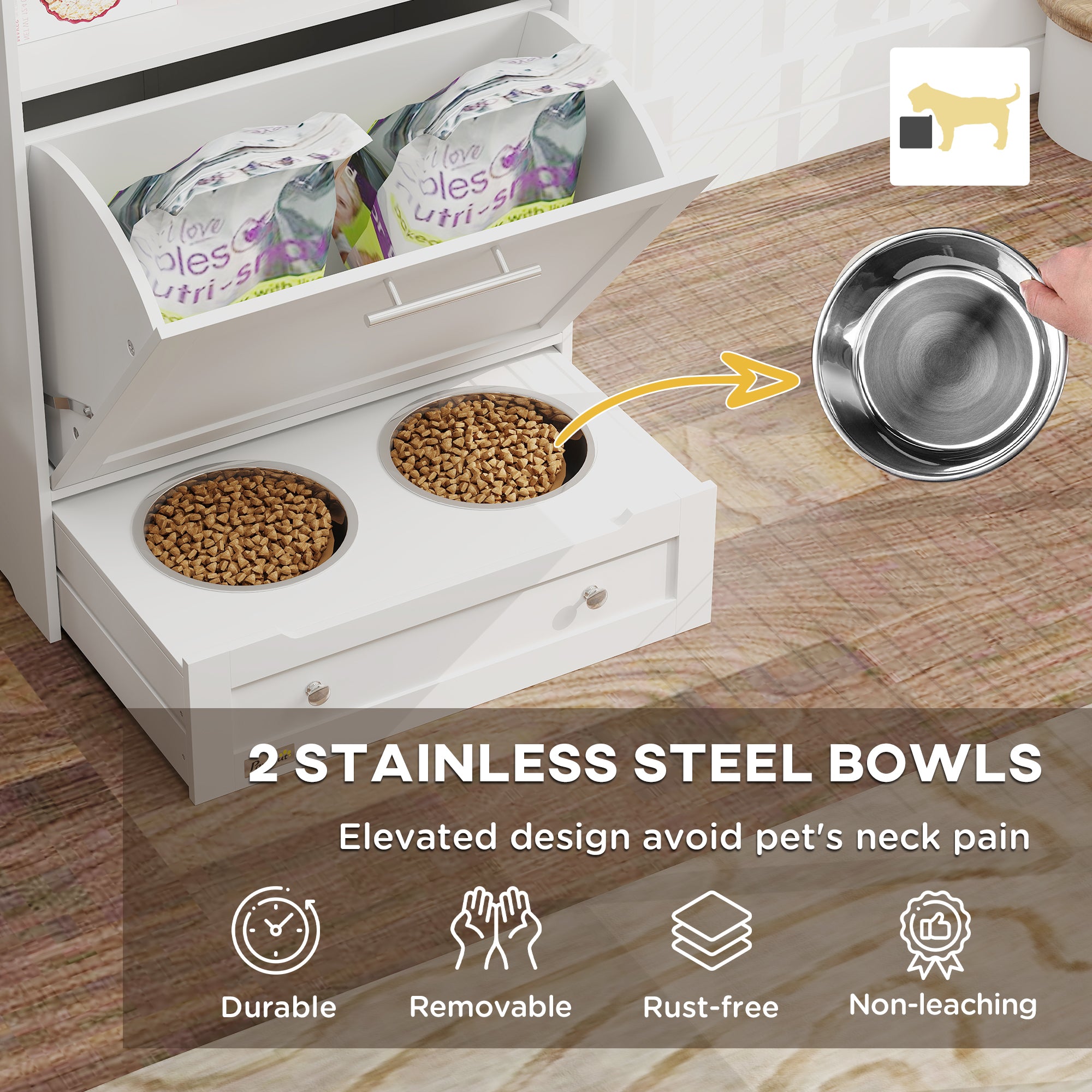 Pet Feeder Station Storage Cabinet, Dog Food Storage Container with Dog Raised Bowls, Watering Supplies, White